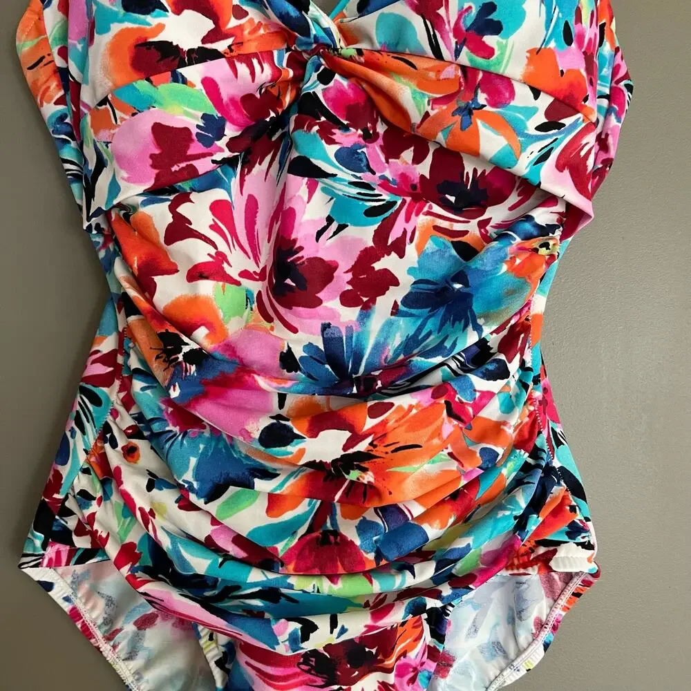 Swim Solutions Twist Bodice Allover‎ Slimming One-Piece Swimsuit Size 12 Floral - Picture 10 of 16